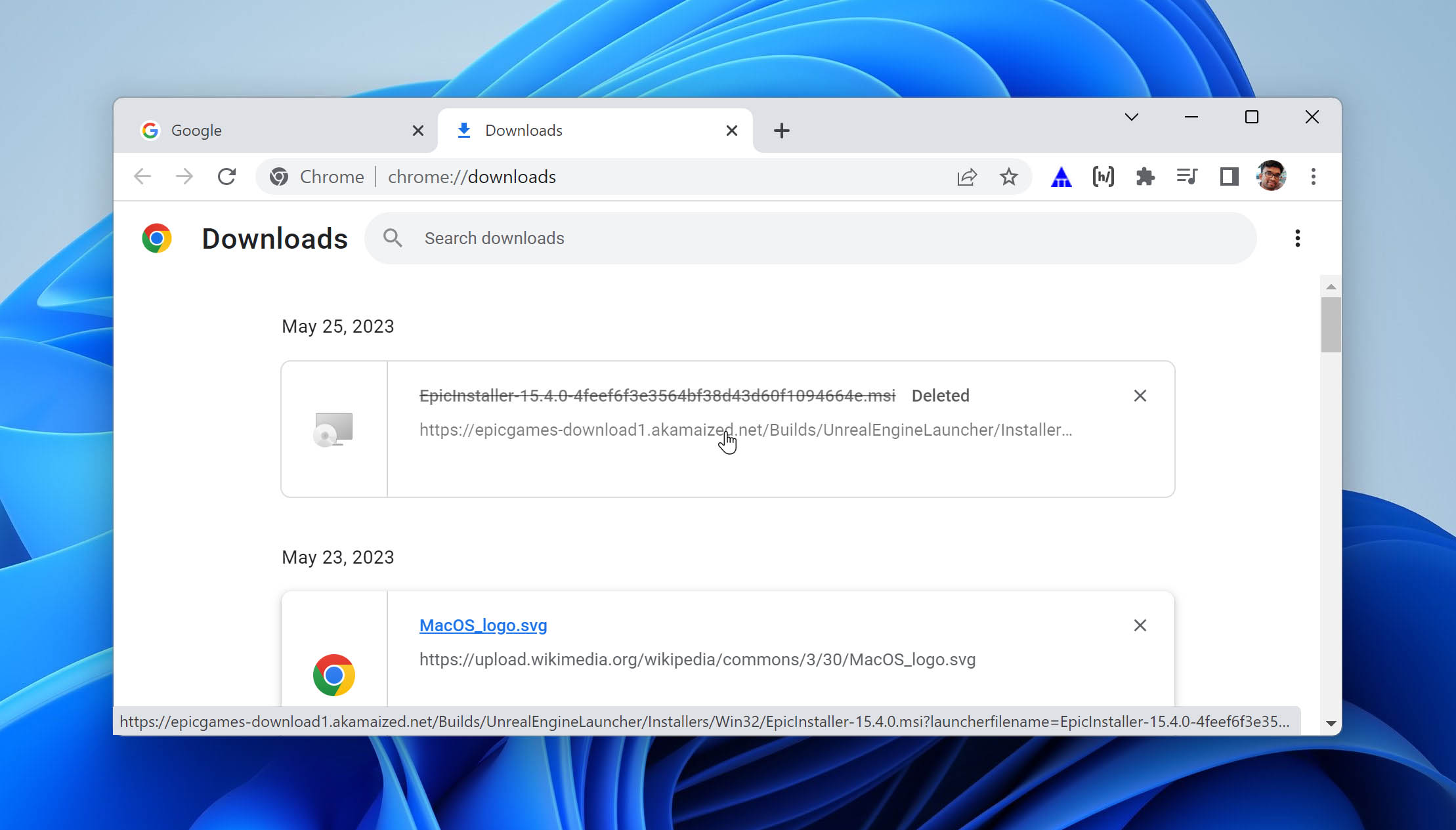 downloads page on chrome
