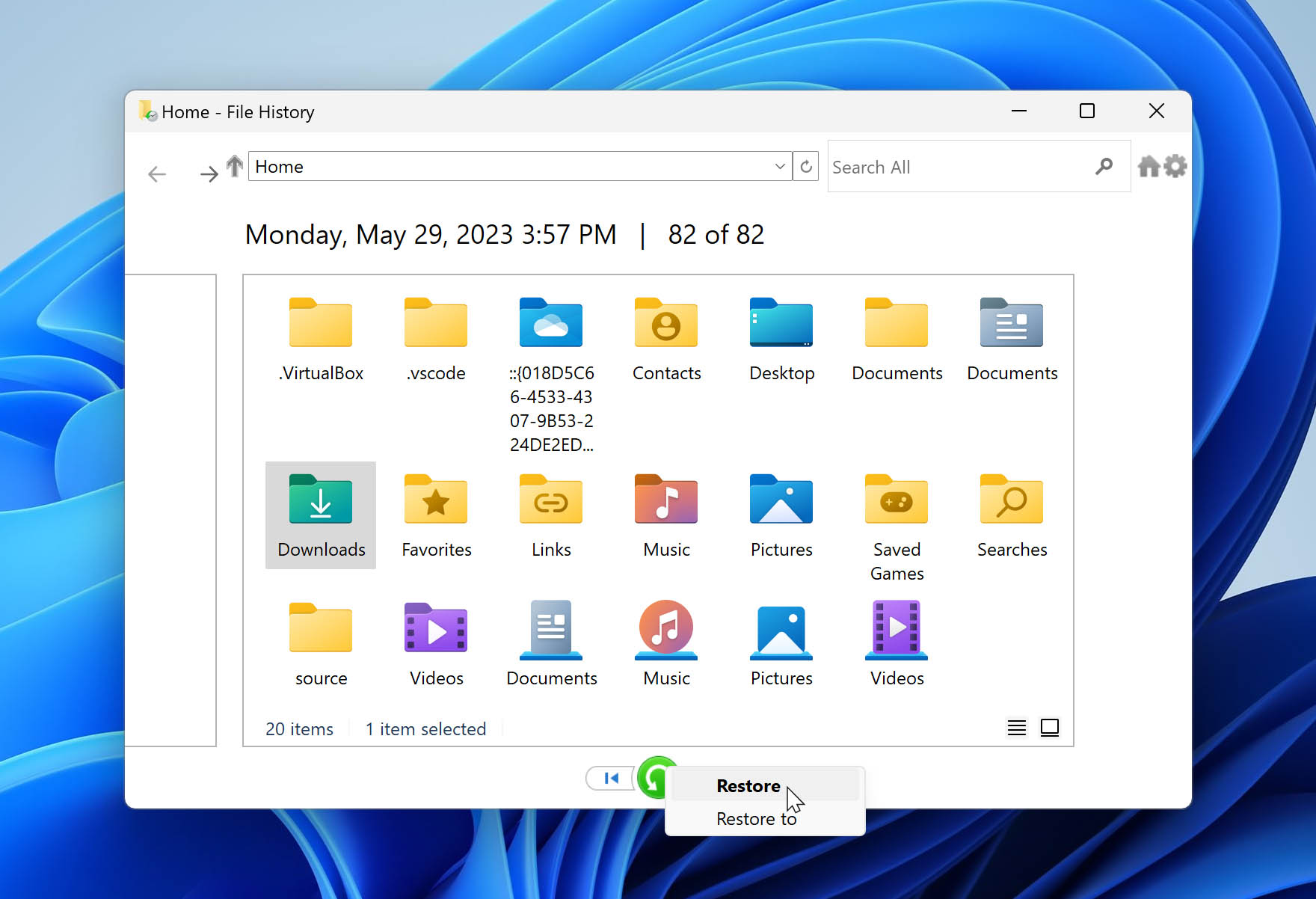 restore download folder from file history