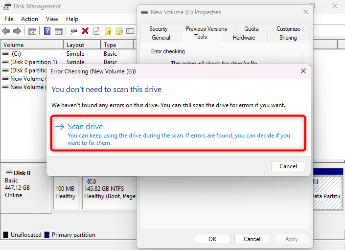 scan the drive using the error checking tool