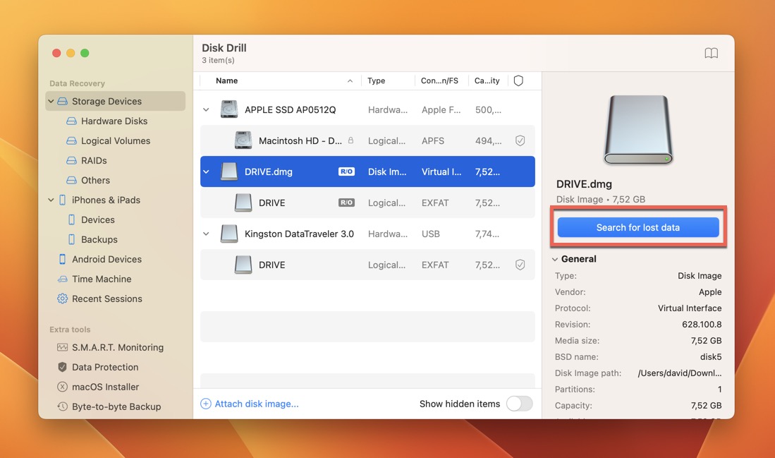 search for lost data disk drill