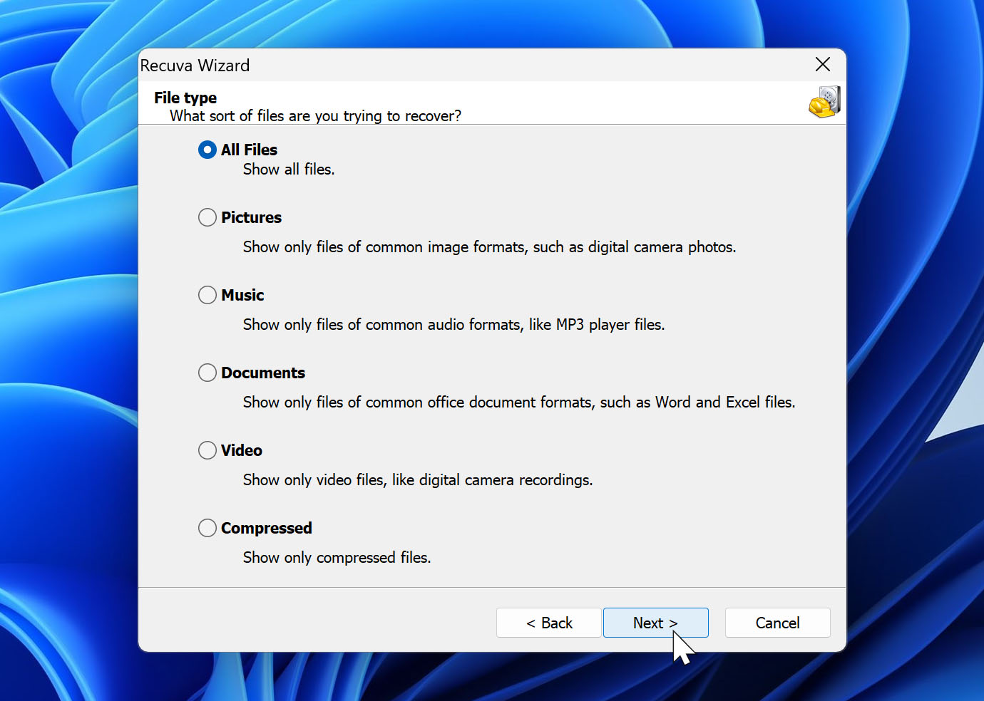 select all files option in recuva