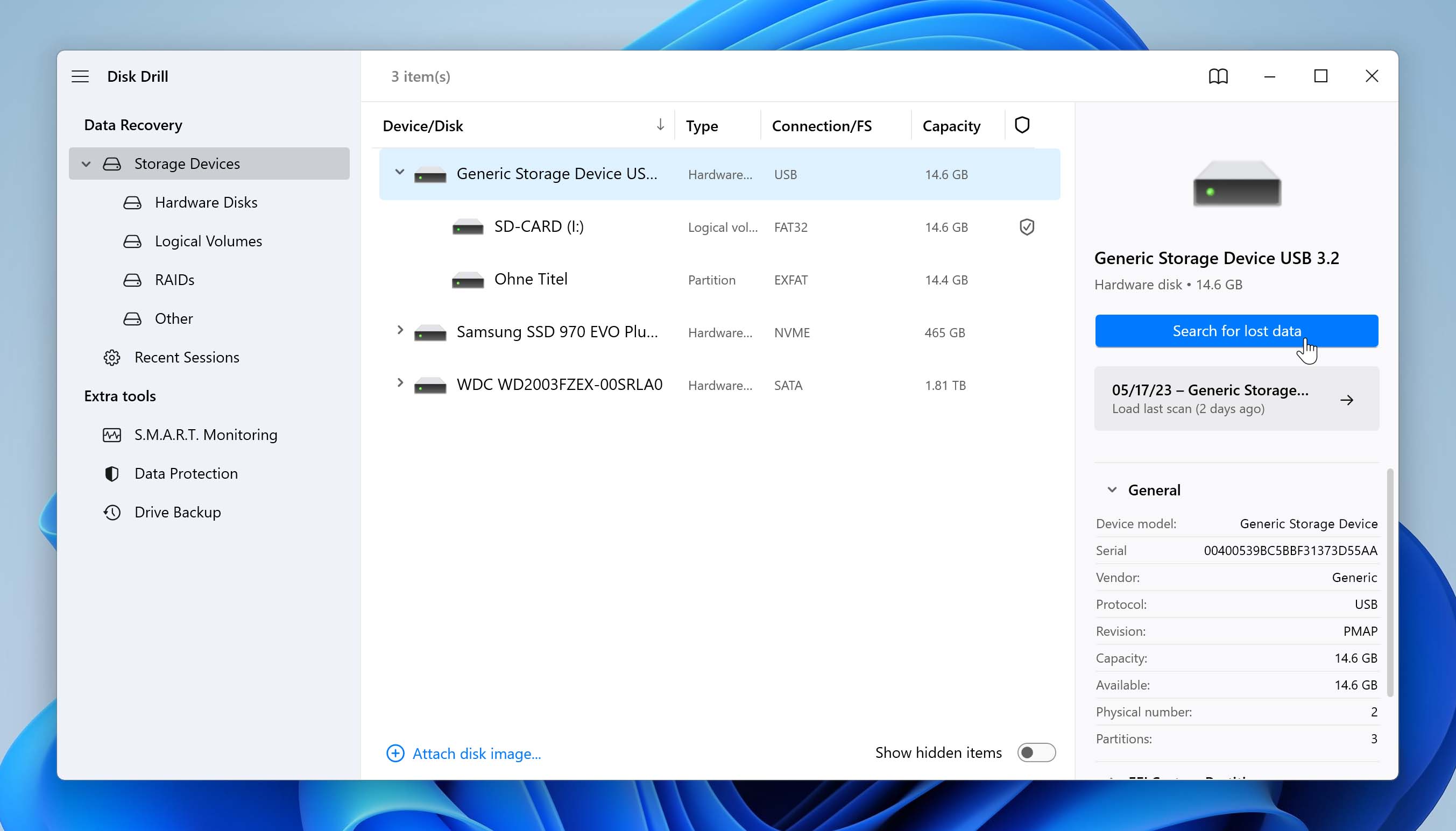 select sd card device and start scan in disk drill