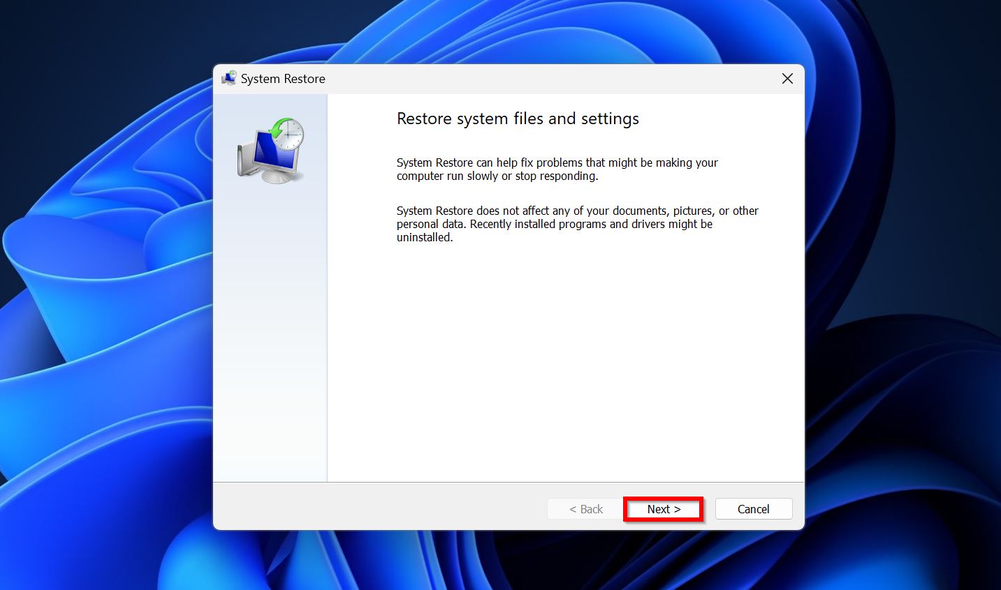 System Restore welcome.