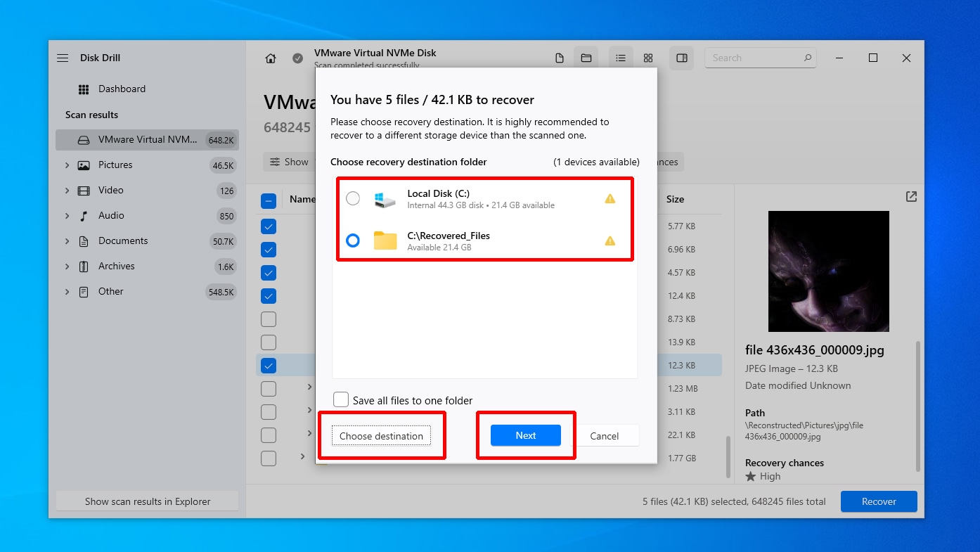 Disk Drill Choose Recovery Destination