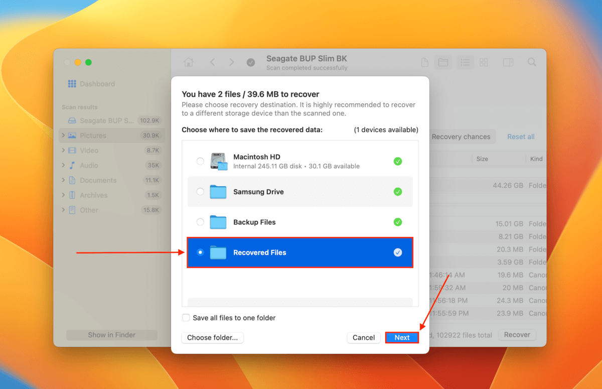 file destination selection dialog in Disk Drill