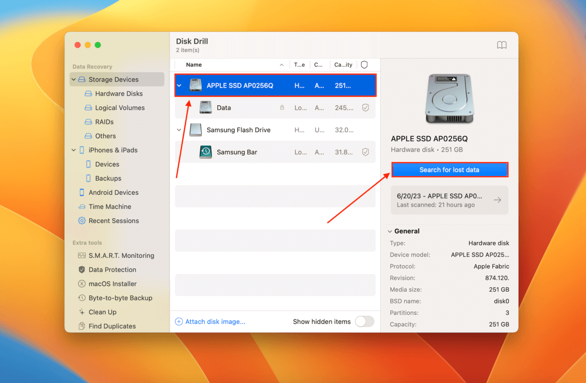 drive selection window in Disk Drill