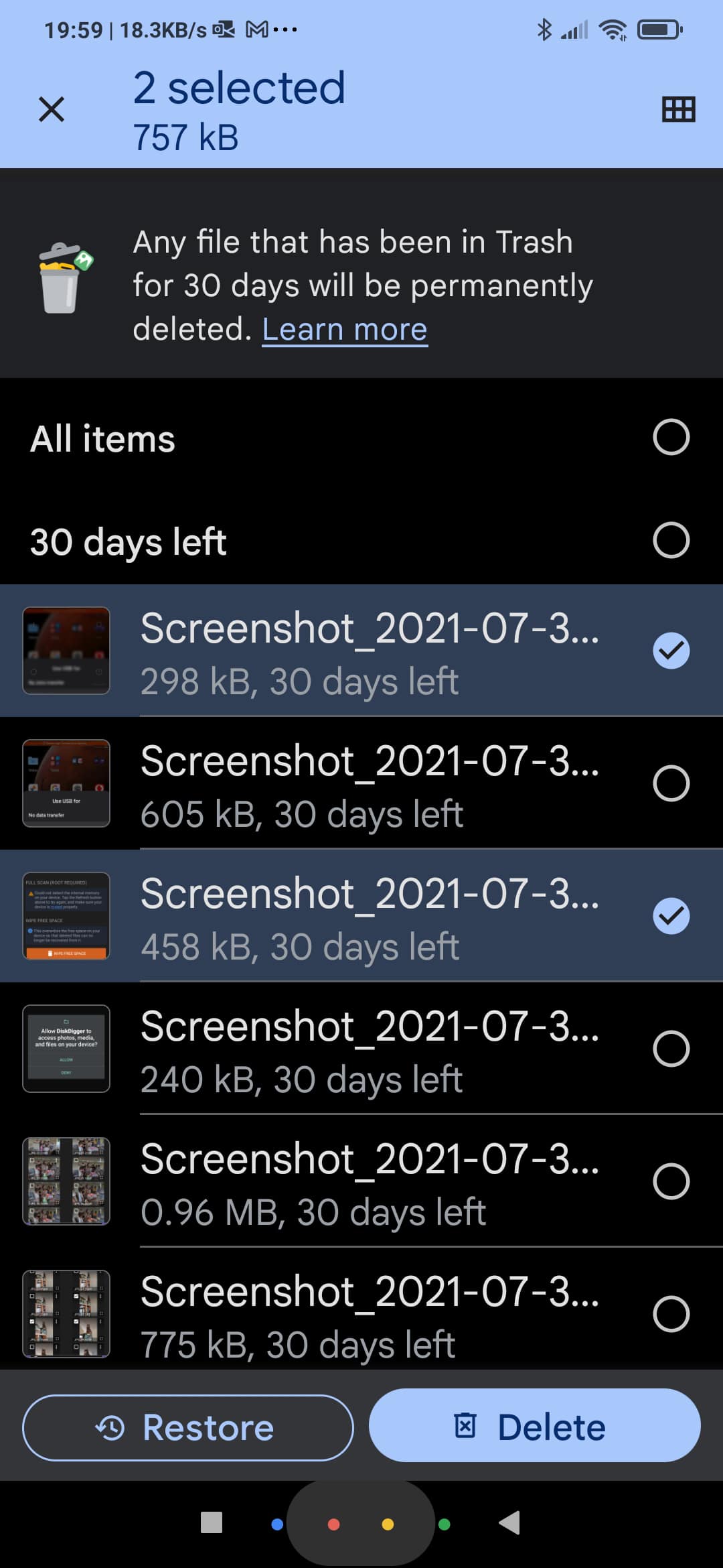 Files Selecting Files In Trash Folder