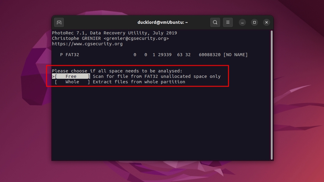 PhotoRec Scan Free Space or Whole Partition