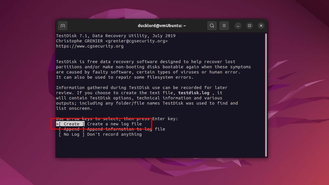 Testdisk Create New Log File