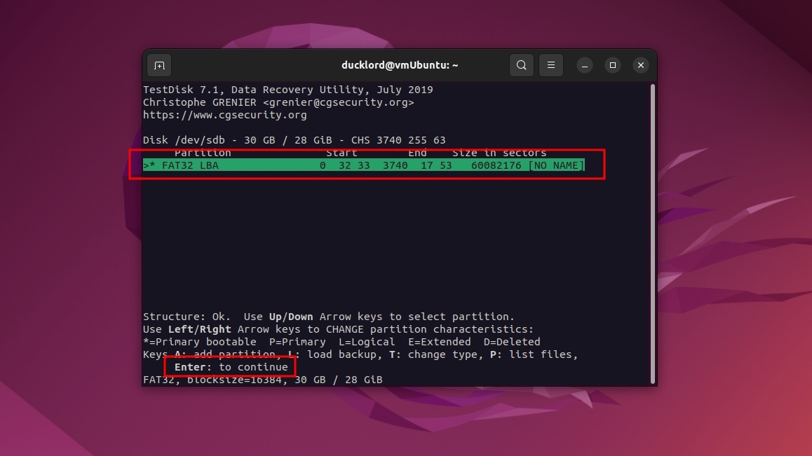 Testdisk Partition Selection