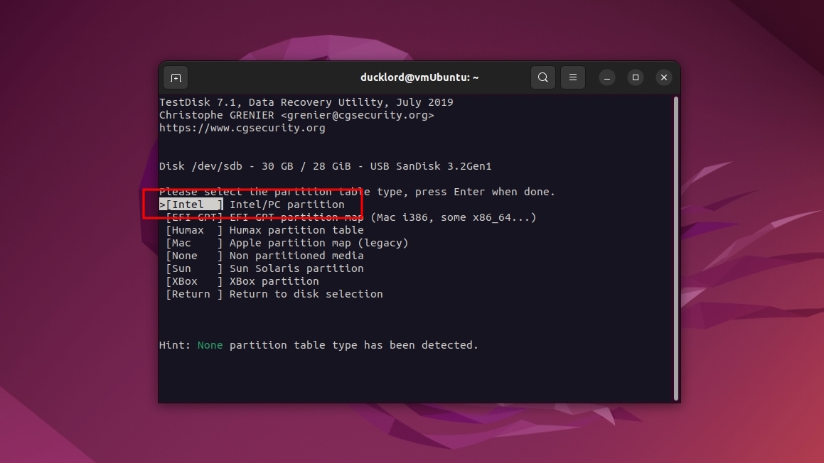 Testdisk Partition Table Type Choice