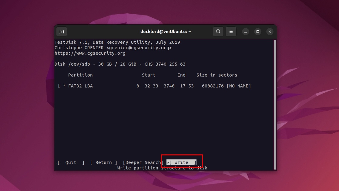 Testdisk Write Partition Structure to Disk