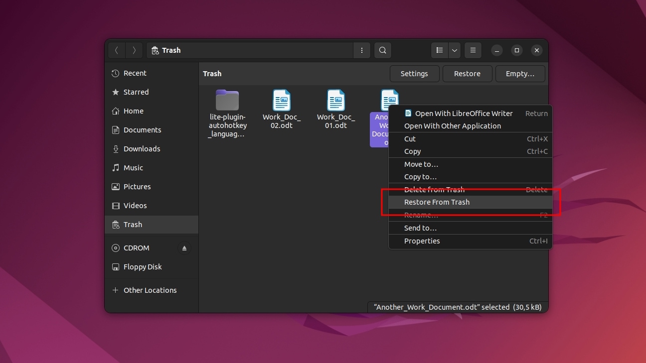 Ubuntu Restore from Trash Option