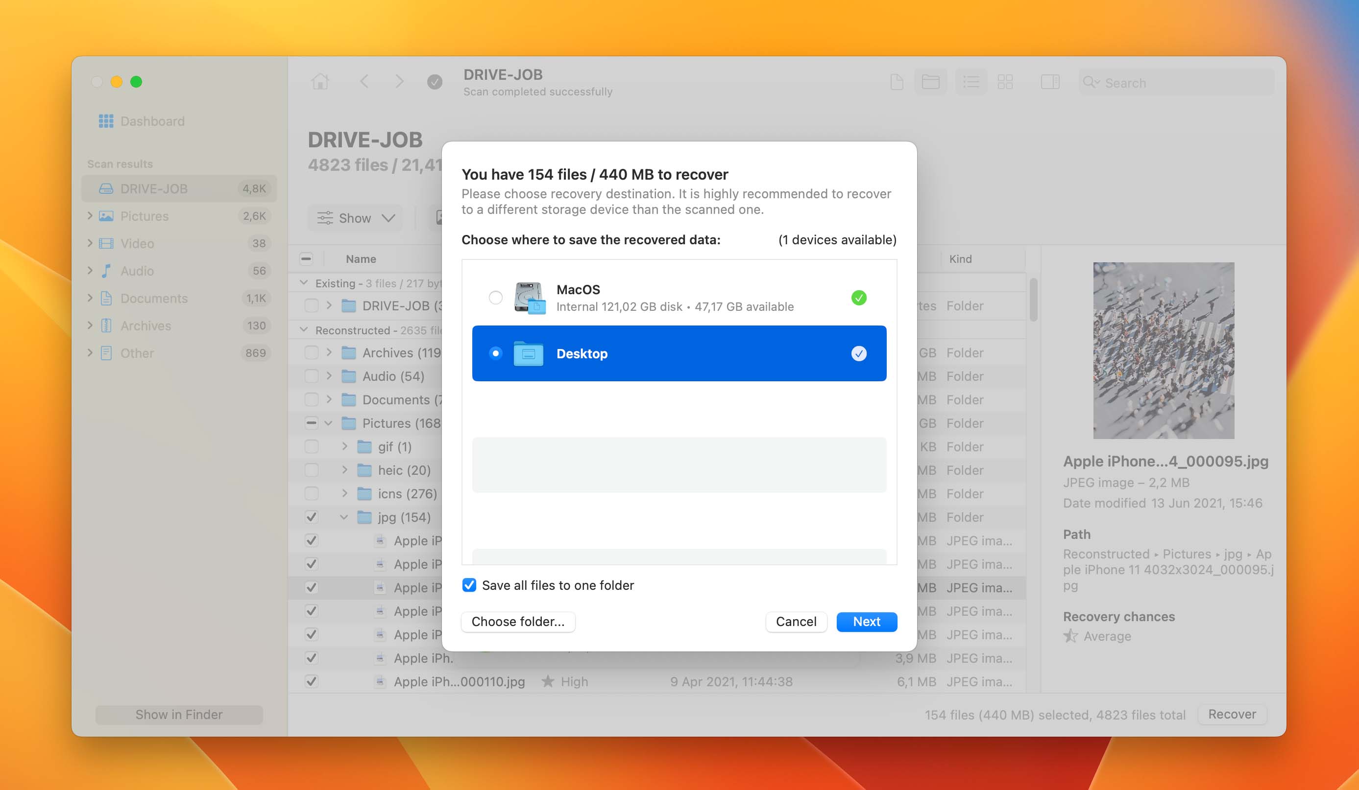 Image displaying how to select a recovery location for photos in Disk Drill, a final step in the process to recover deleted photos on a Mac