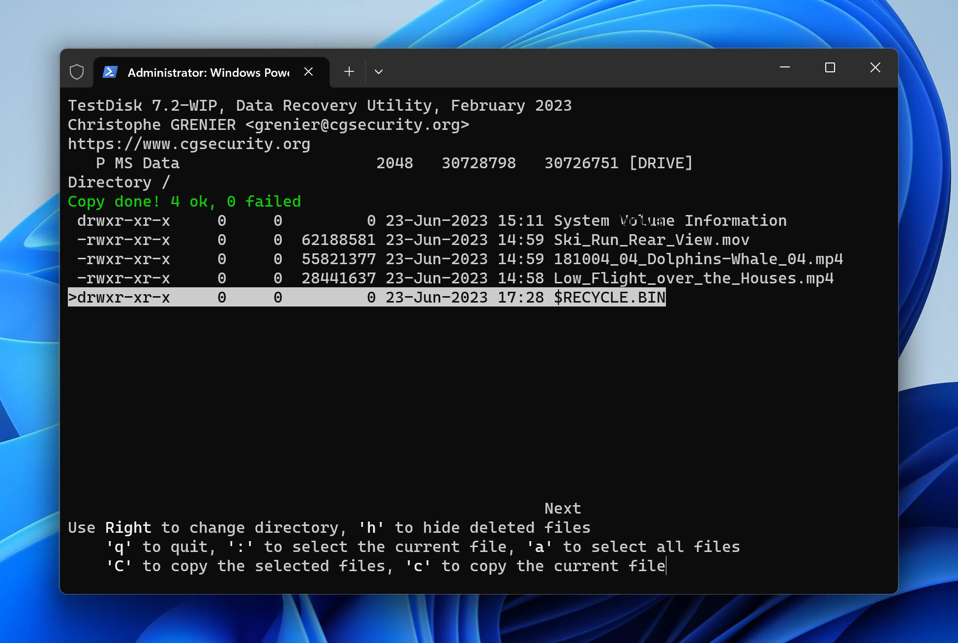 success copy file in testdisk