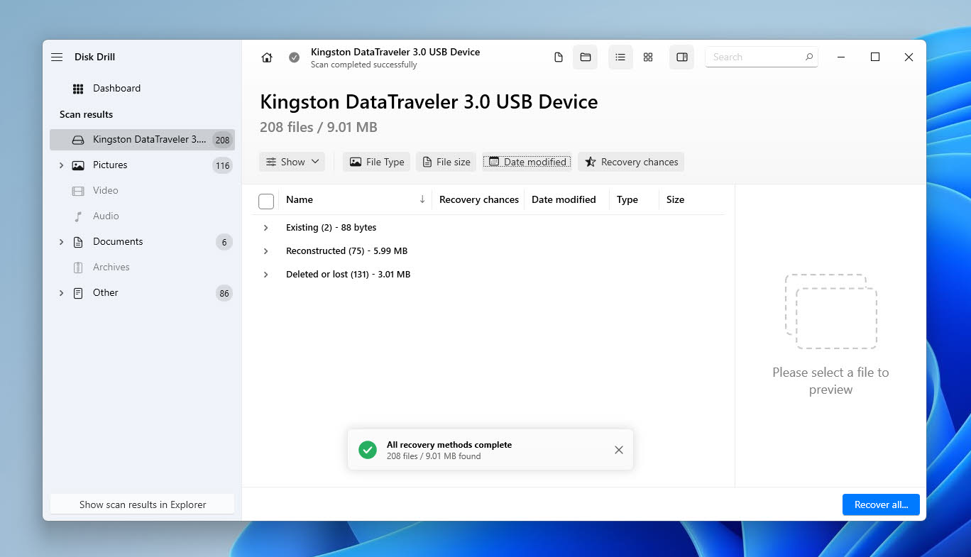 Image of Disk Drill software's result categories when searching for lost data on a USB drive