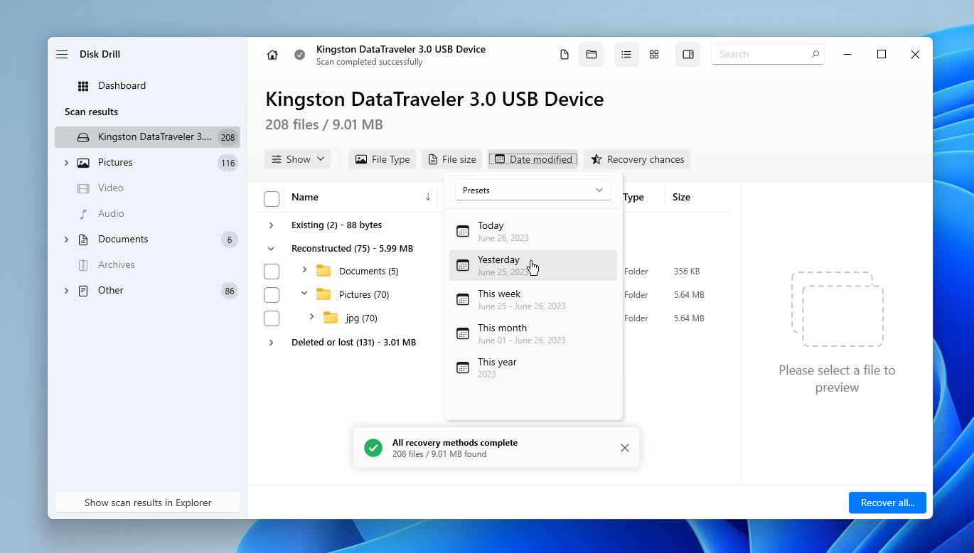 Image of the Disk Drill software applying a date filter during a scan for deleted files on a flash drive