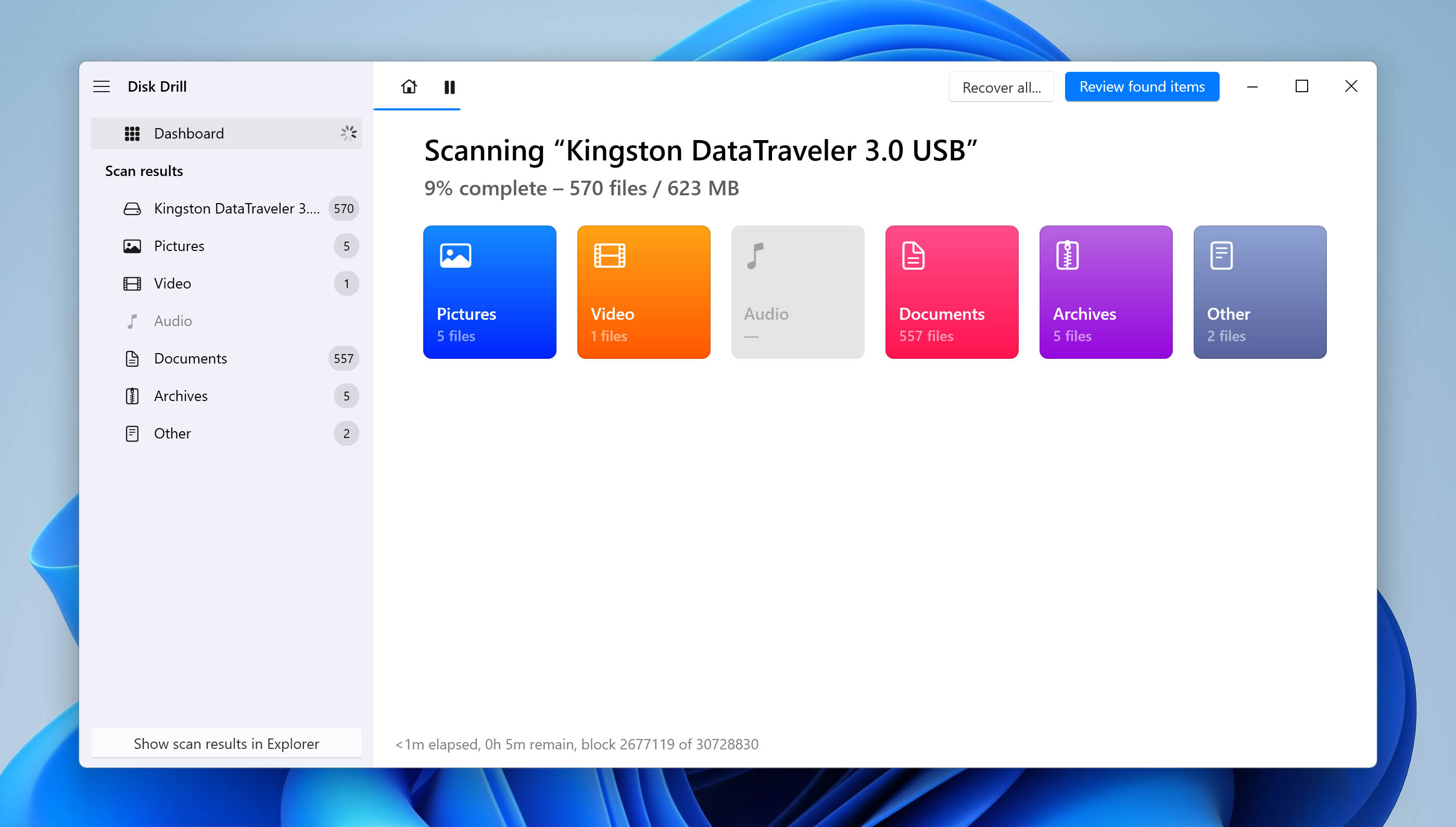 Graphic depiction of Disk Drill 5 for Windows scan screen during the recovery of unsaved or deleted Excel files