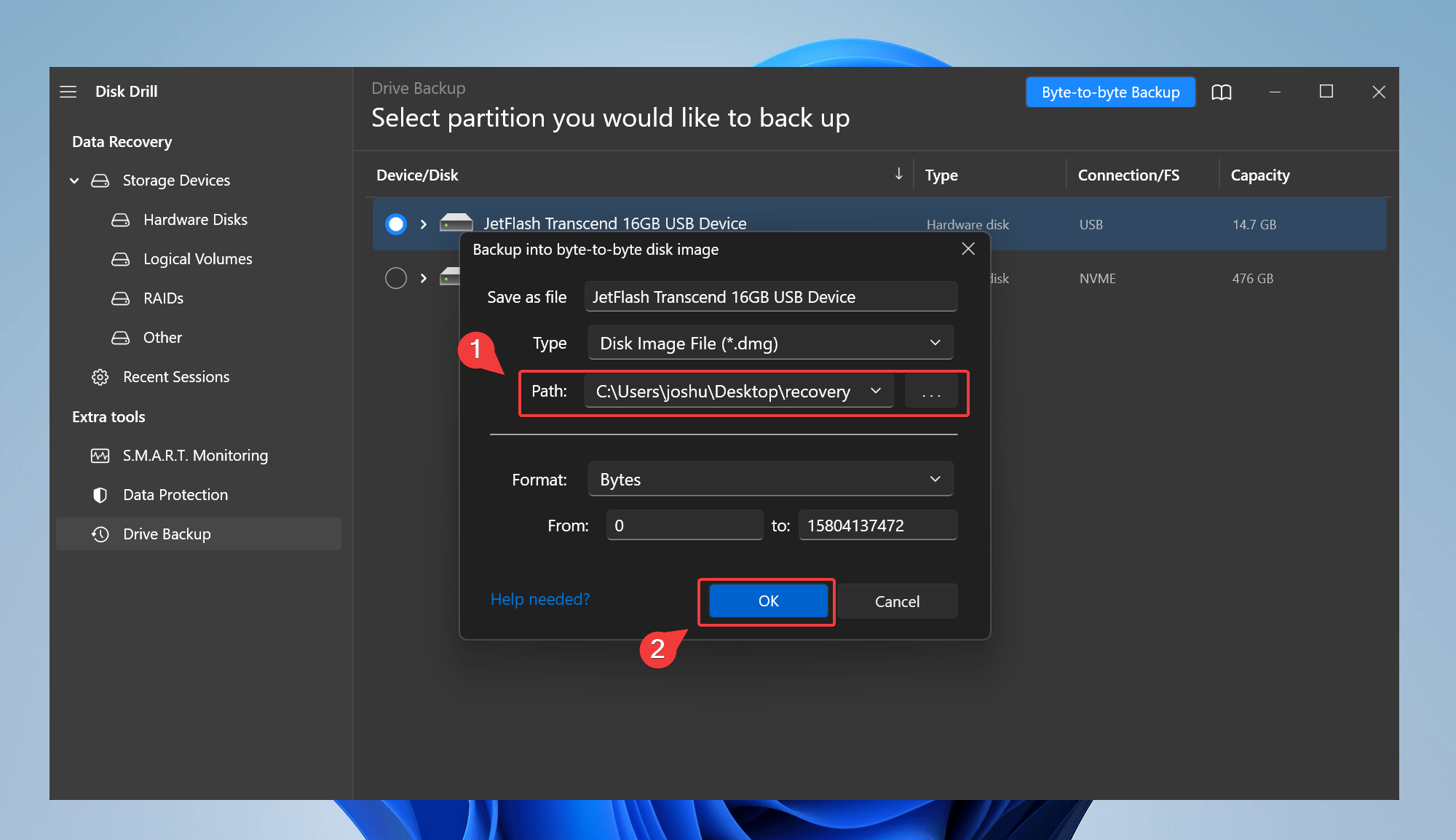 specifying disk image destination