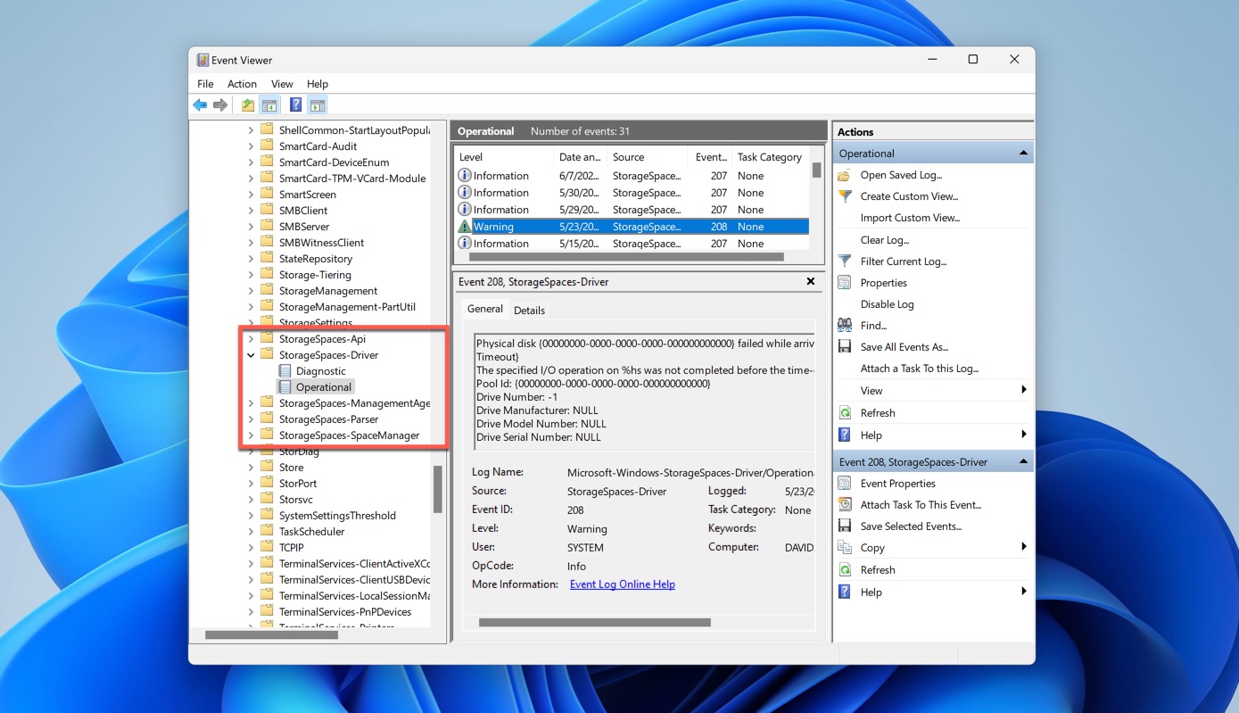 event viewer storage spaces logs