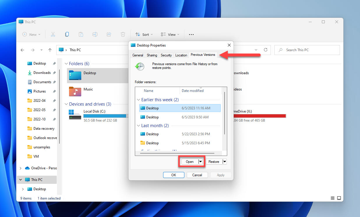 file explorer previous version open