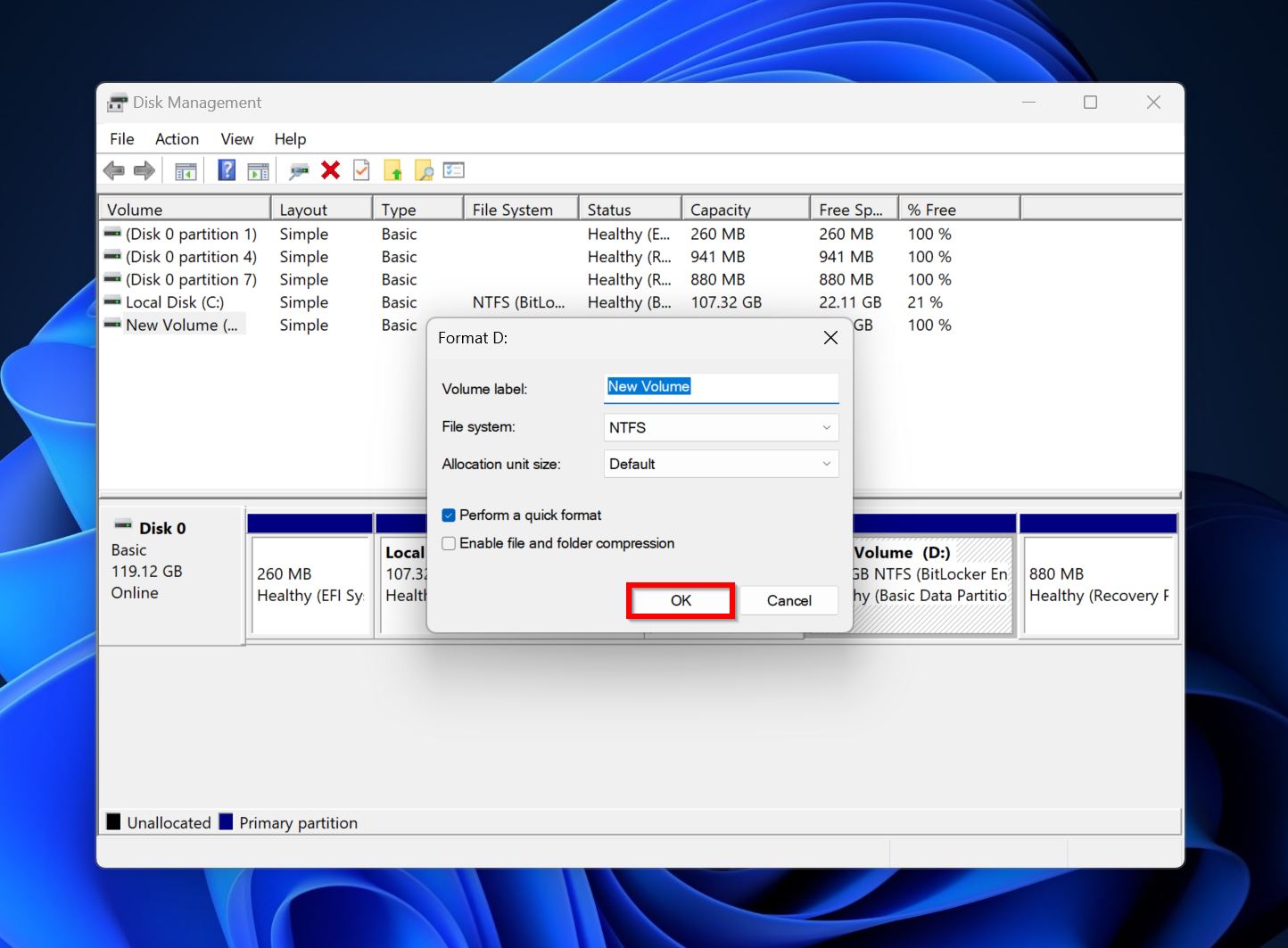 Format parameters in Disk Management.