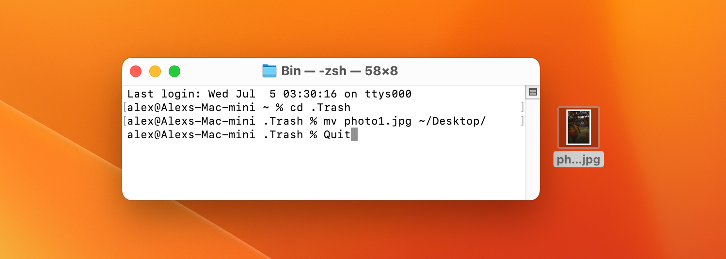 Image depicting the process of moving a photo from the trash bin with terminal, a recovery method on Mac