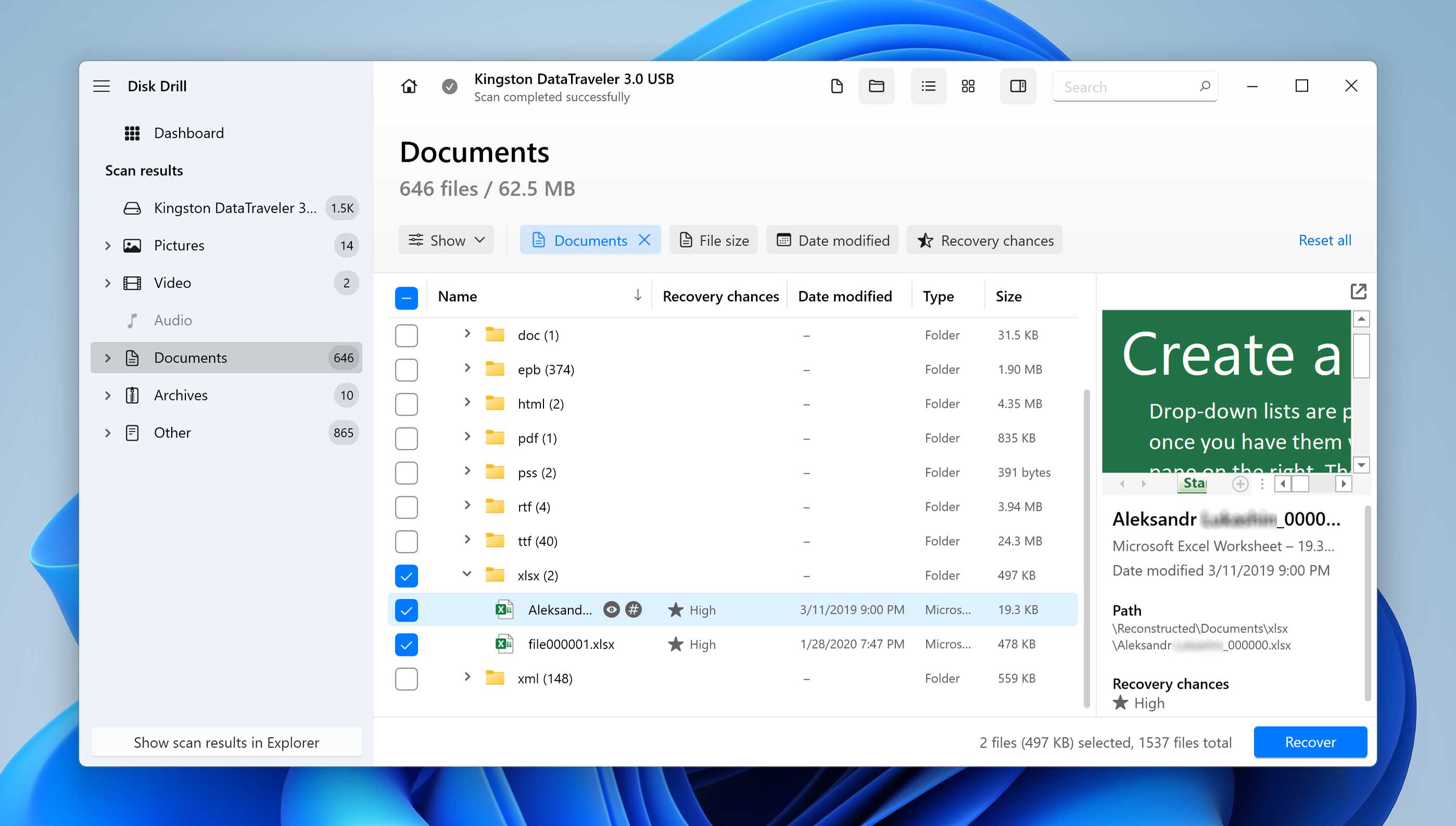 Image illustrating the process of previewing and selecting found Excel files after a scan in Disk Drill