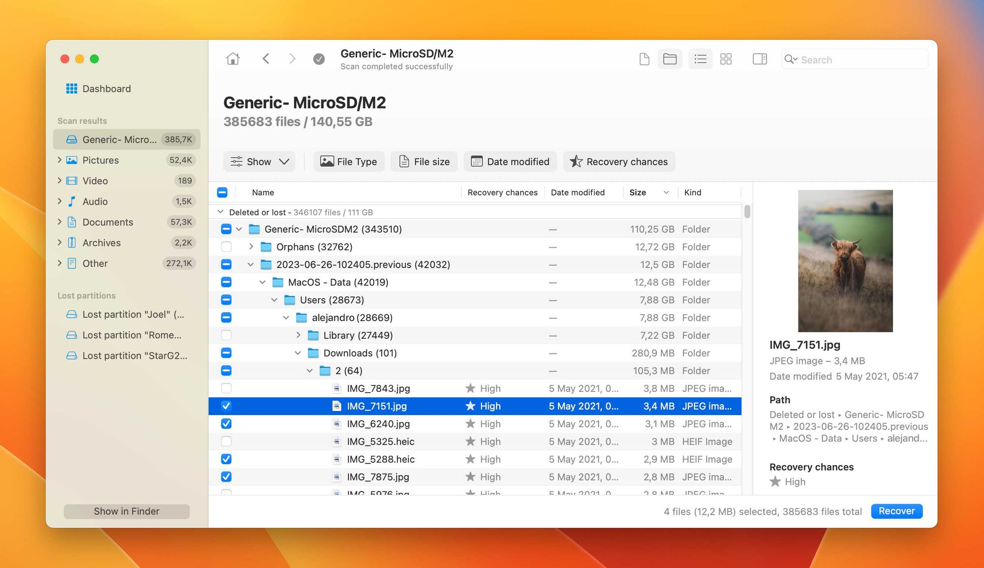 file selection window in Disk Drill