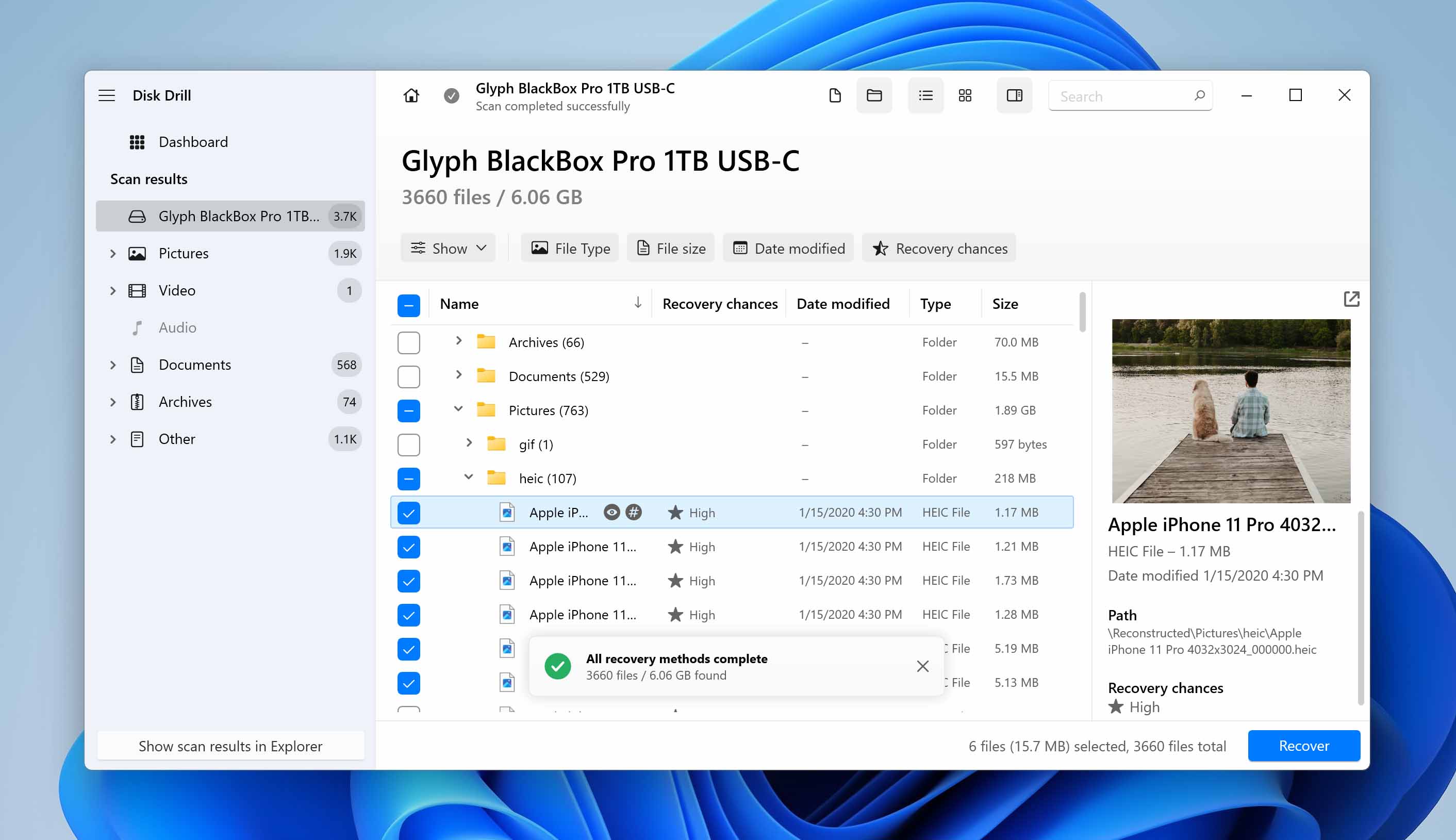 preview and select lost files from glyph blackbox pro