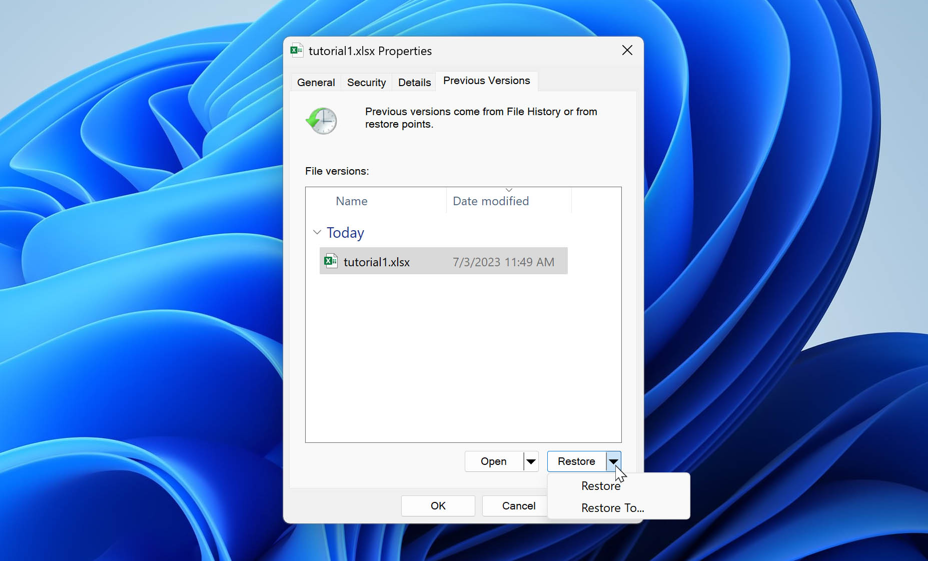 Image showcasing the restoration of a previous version of an Excel file, a method to recover unsaved or deleted files