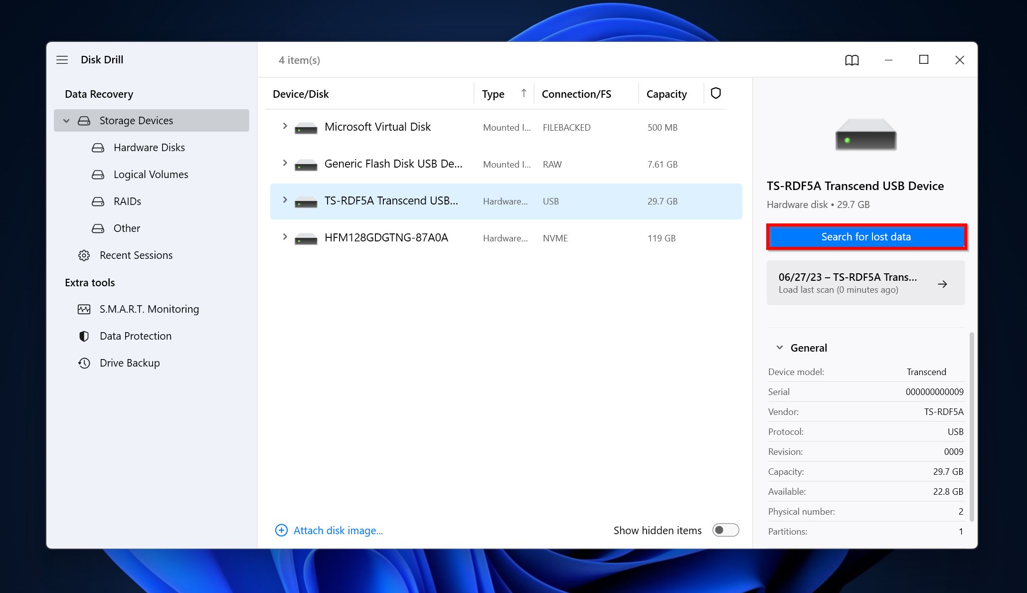 Search for lost data in Disk Drill.