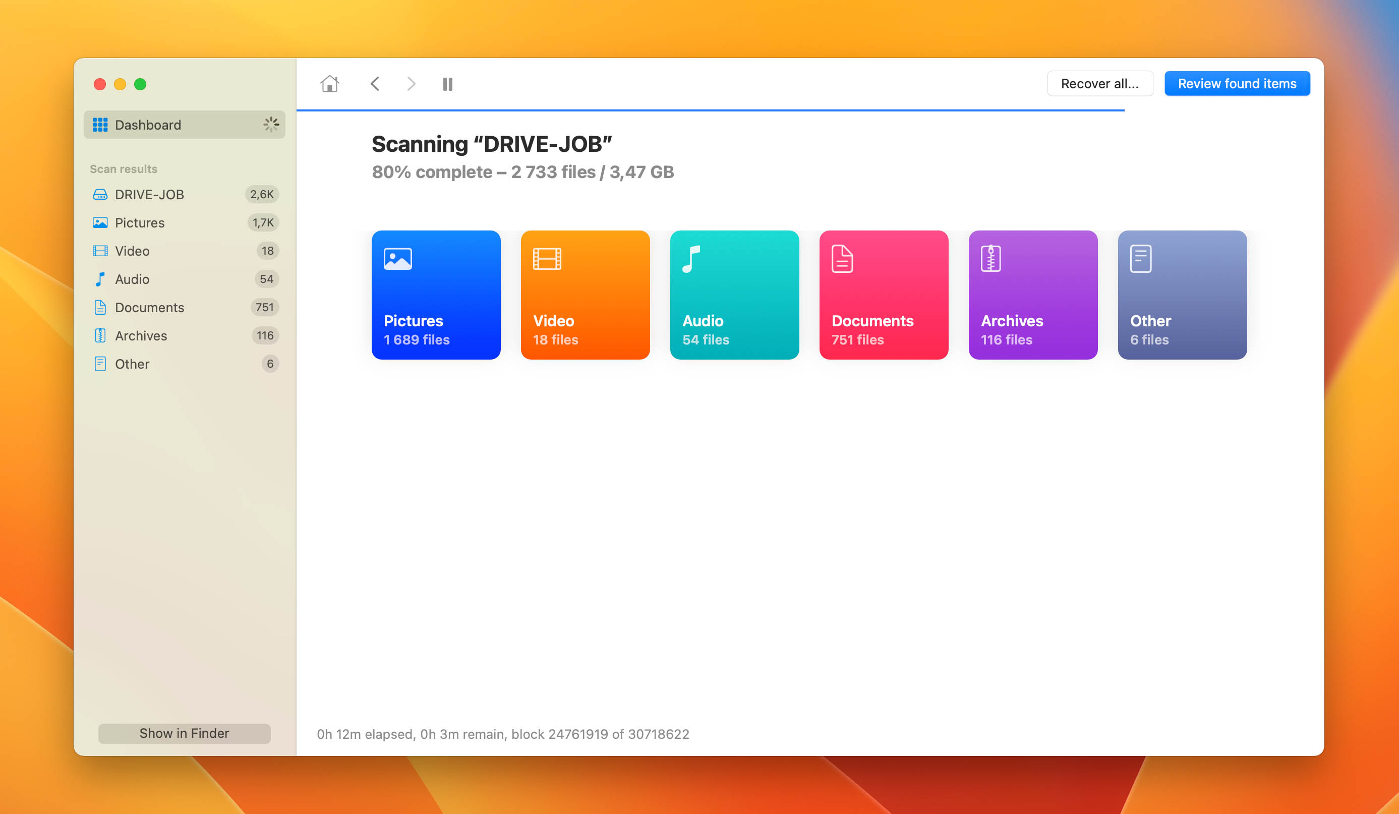 Visual depiction of the scan window in Disk Drill, part of the process of scanning for deleted photos from Mac