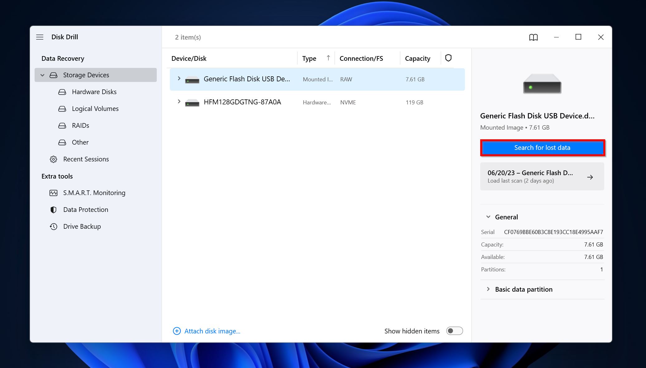 Search for lost data in Disk Drill.