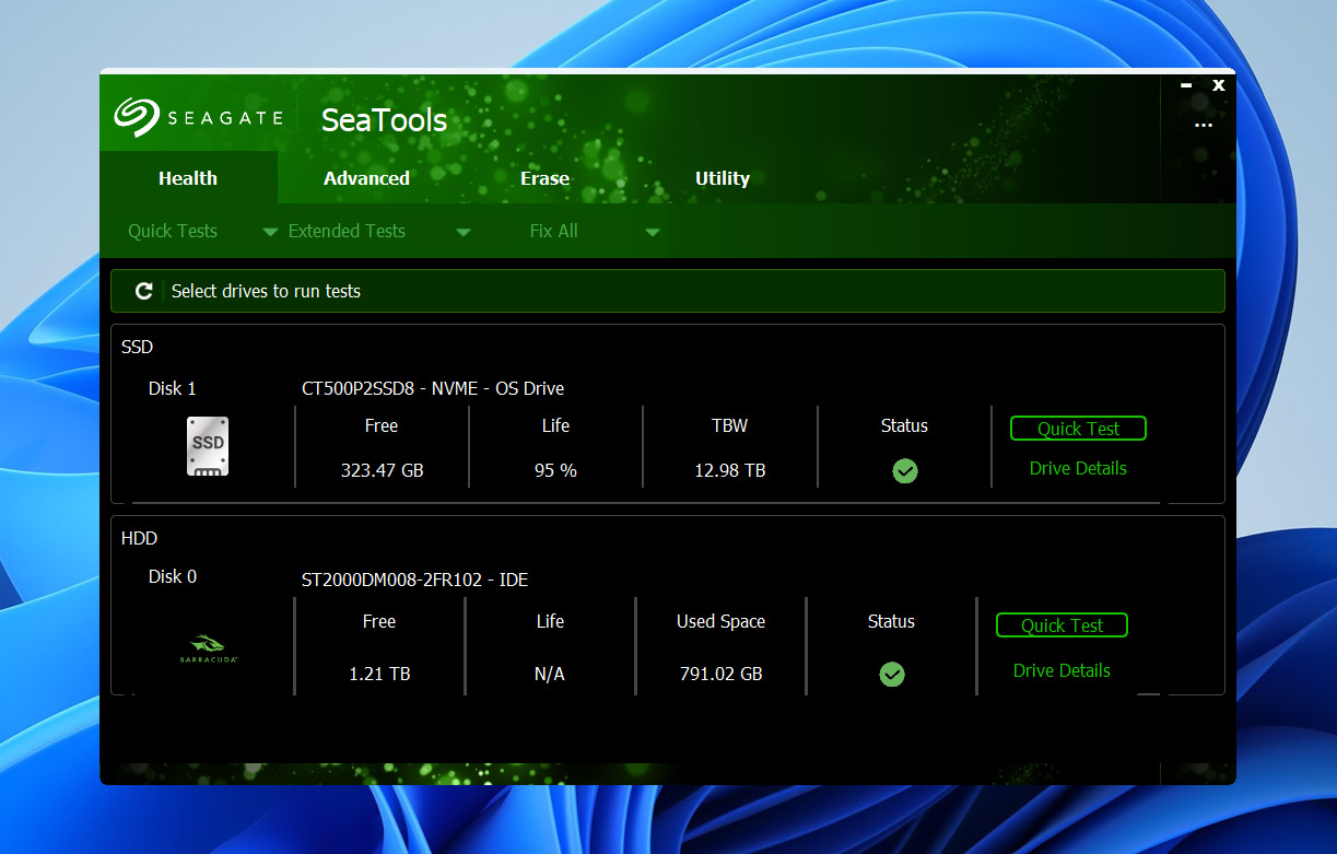 select drive for test in seatools