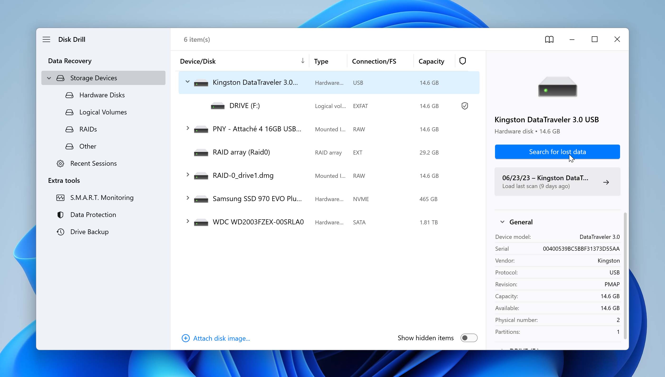 Image showcasing the selection of a drive and the initiation of a scan in Disk Drill to find deleted or unsaved Excel files