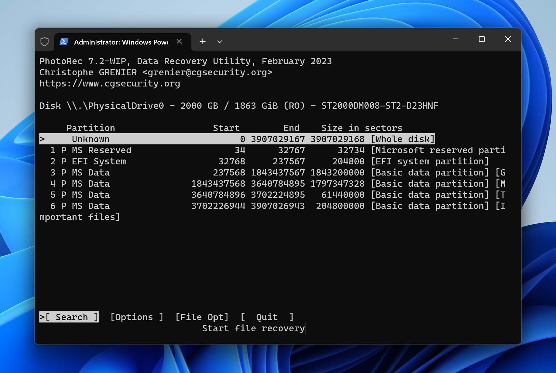 select partition in photorec