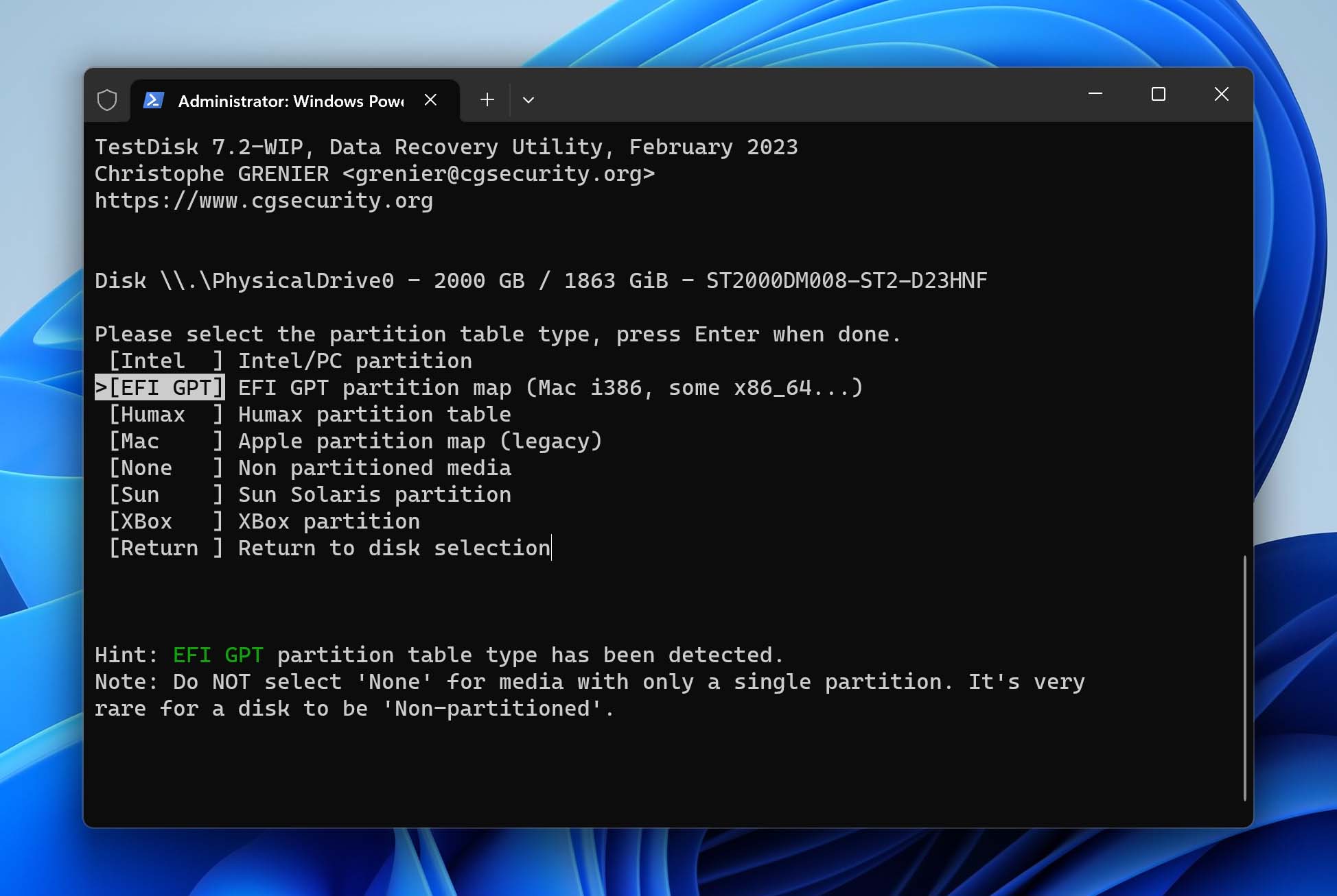 select partition table in testdisk