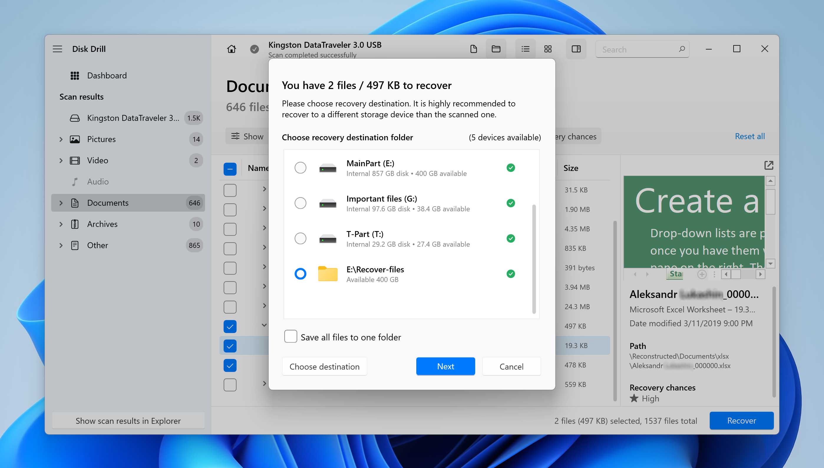 Visual guide to selecting a recovery location for recovered Excel files using Disk Drill