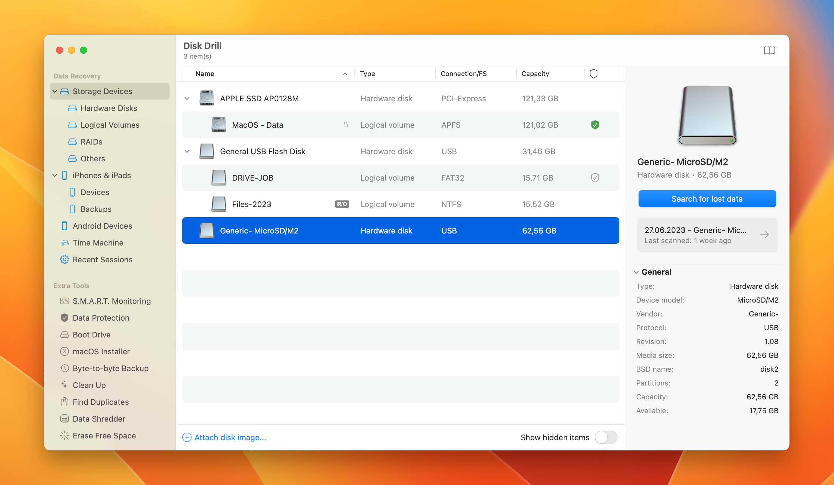 Image showcasing how to select an SD card in Disk Drill for Mac, an essential step when attempting to recover deleted photos on a Mac