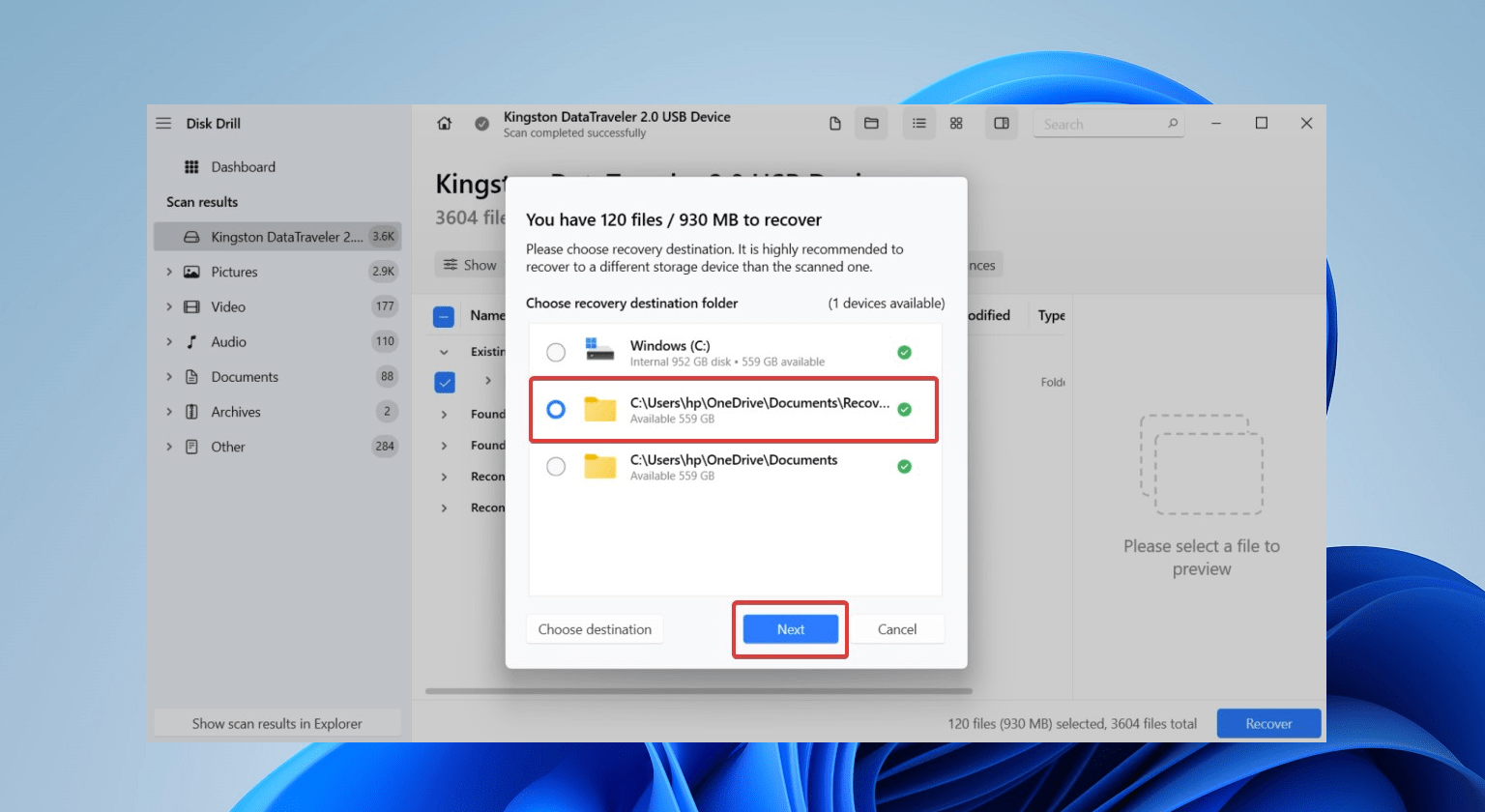 selecting destination for saving recovered files