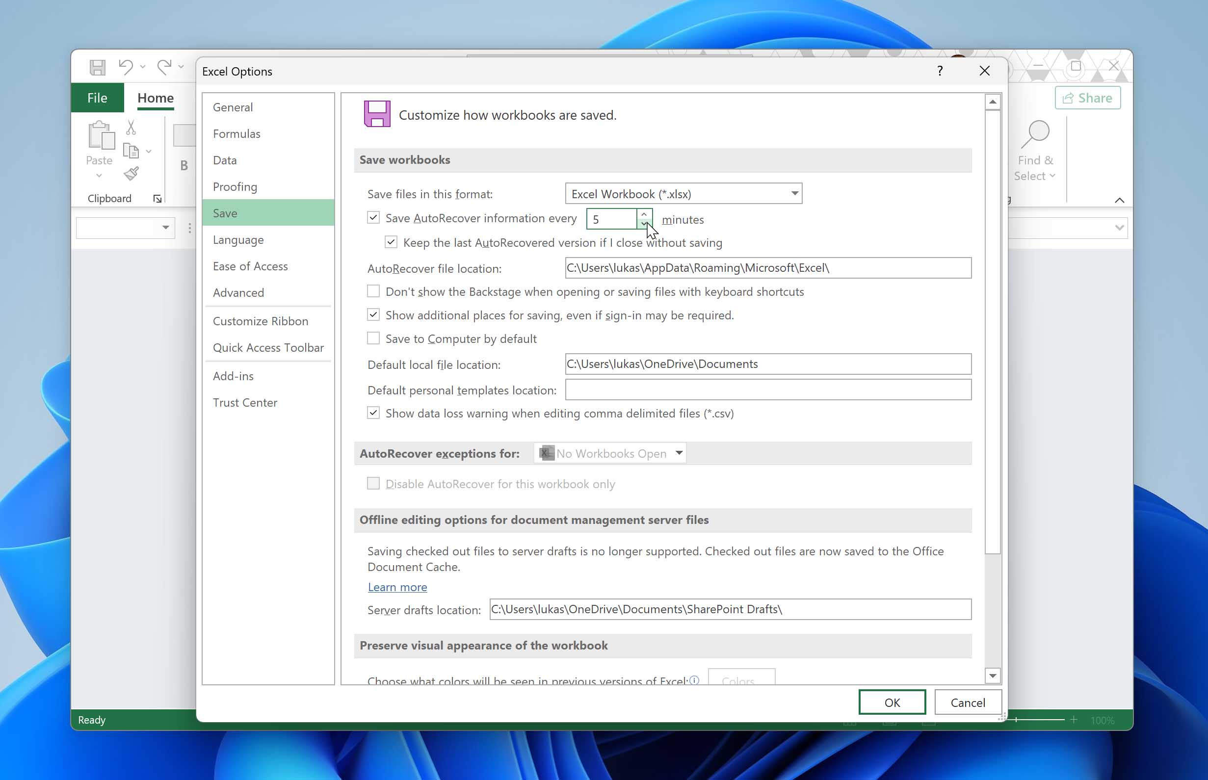 Image demonstrating how to set the autorecovery timing in Excel, a precautionary measure to prevent loss of unsaved files