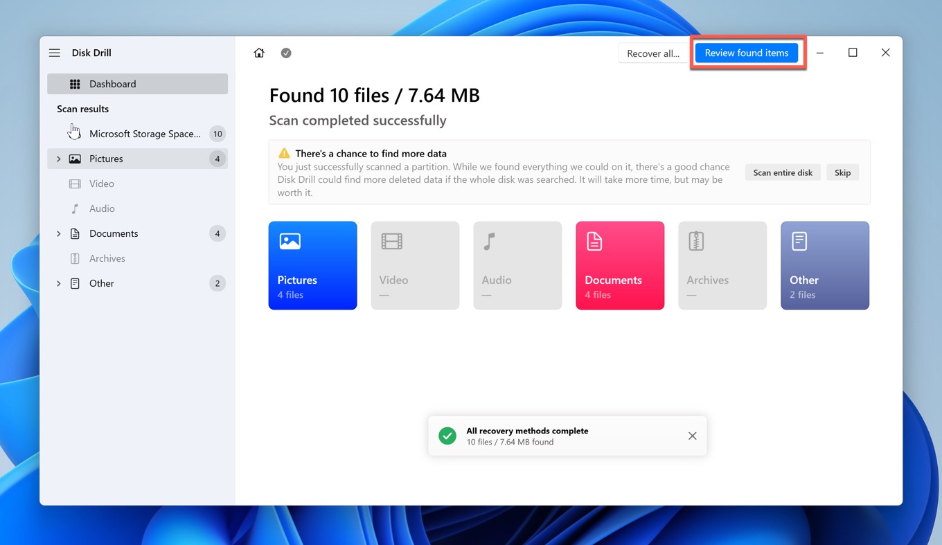 storage spaces review found files