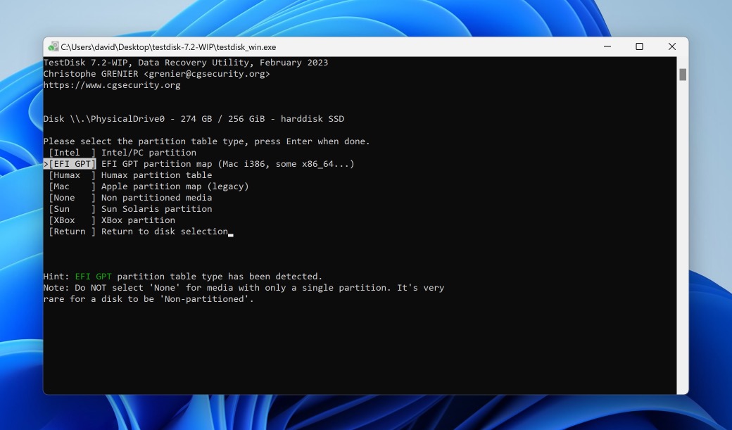 testdisk select partition table type