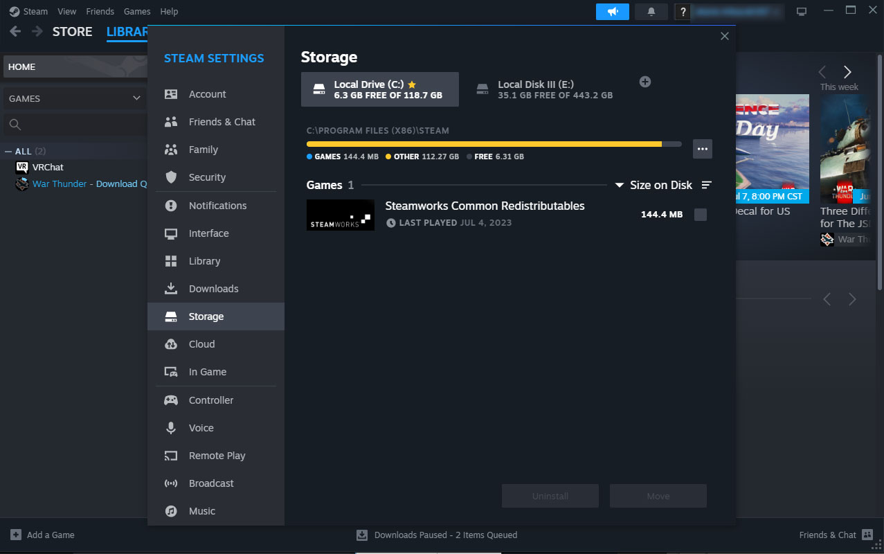 steam settings storage