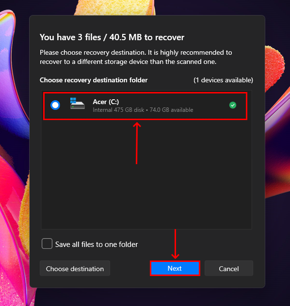 File destination selection dialogue in Disk Drill 