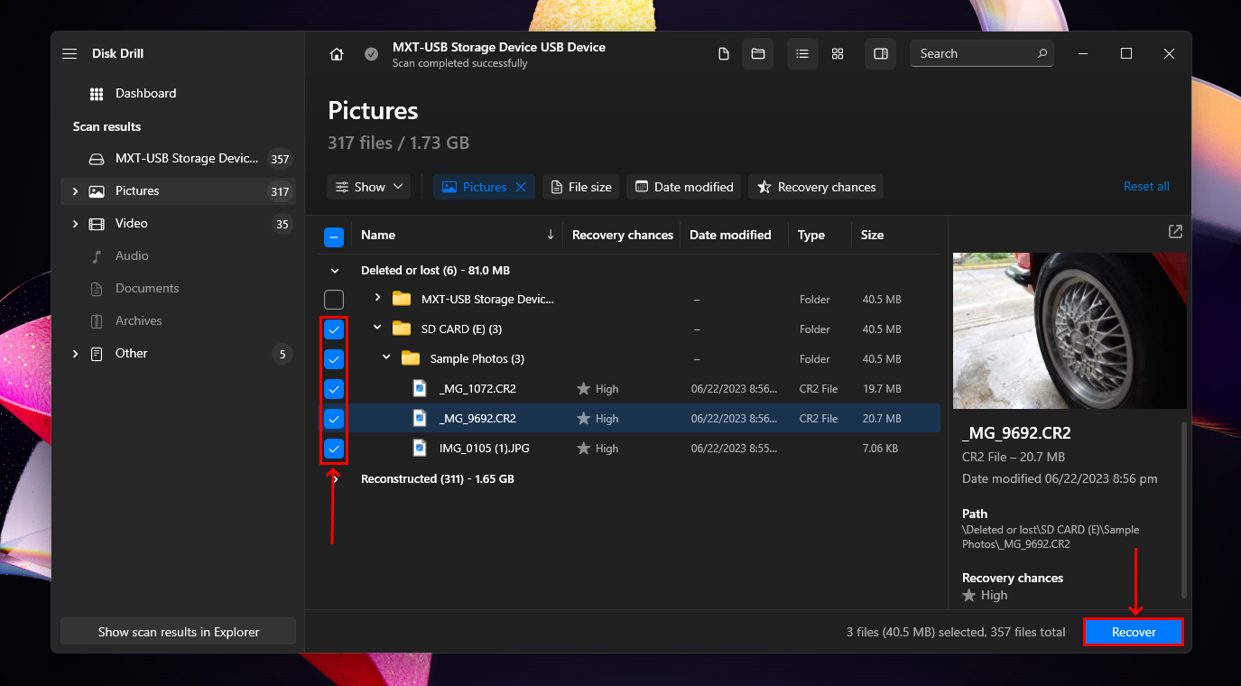 File selection window in Disk Drill 