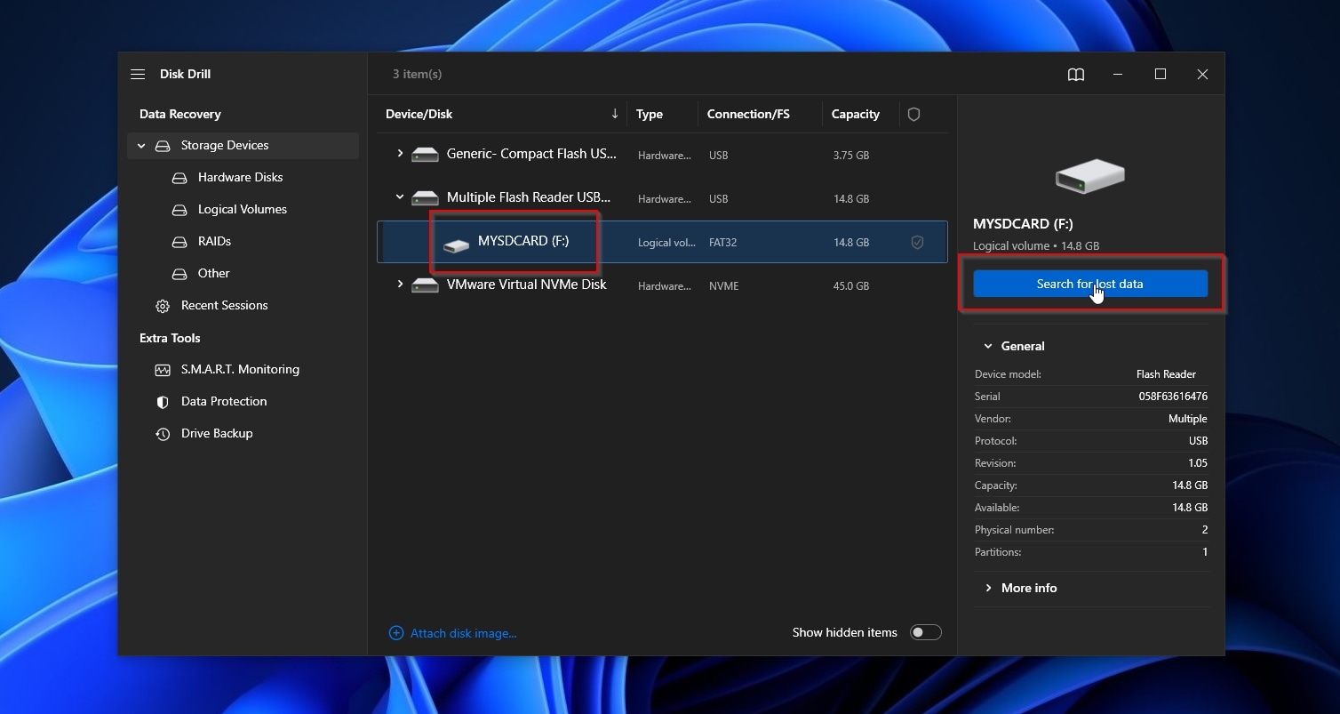 Disk Drill Select SDCard And Search For Lost Data