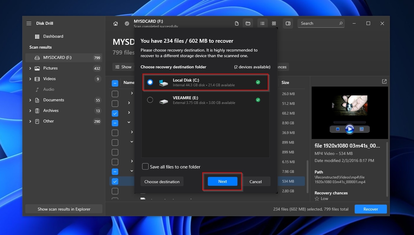 Disk Drill Selecting Destination