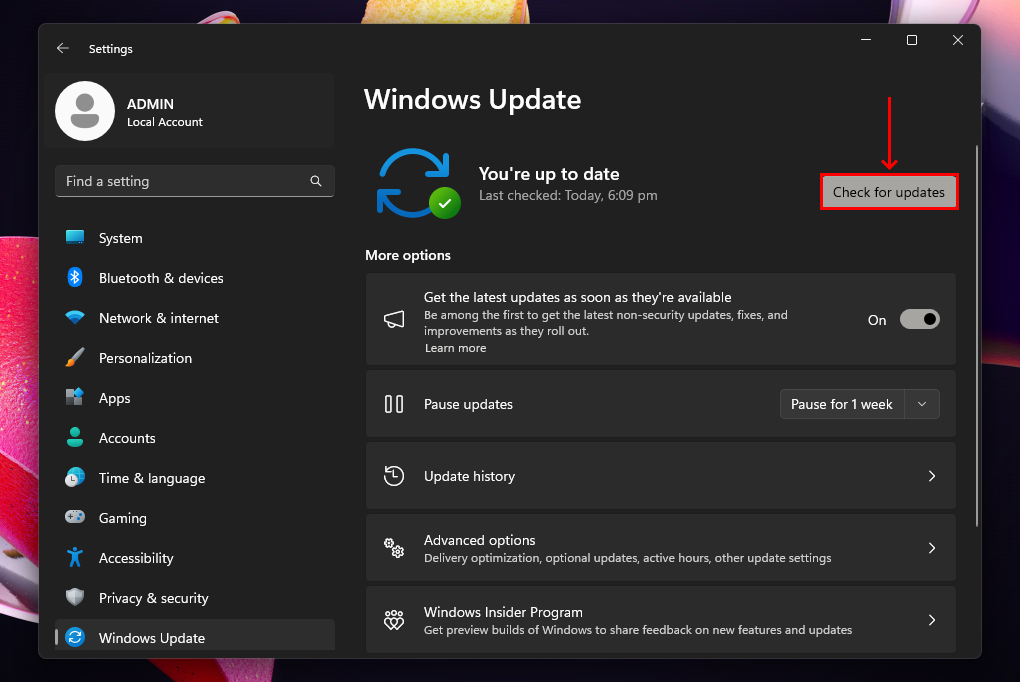 Windows update menu in settings